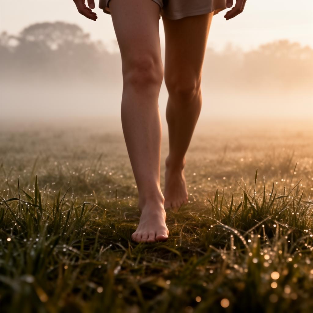 Vrouw wandelt blootsvoets door dauw bij zonsopkomst