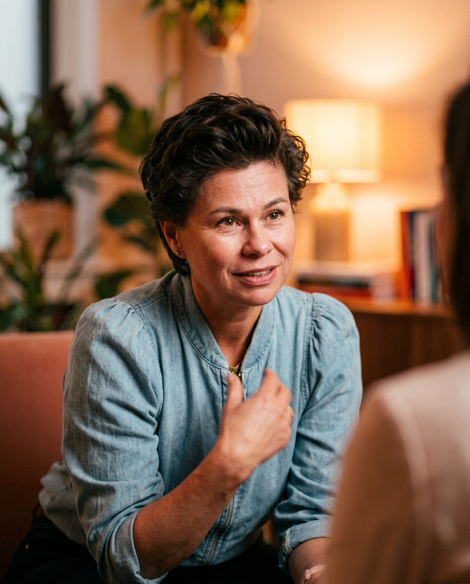 Thessa in een warm coaching gesprek, leunend naar voren met open hart