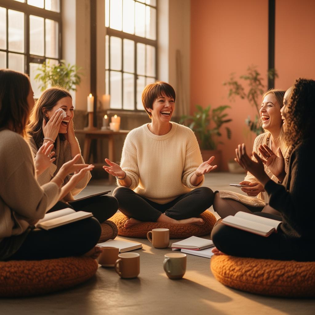 Thessa lacht met een groep vrouwen tijdens een Bubble begeleidingssessie