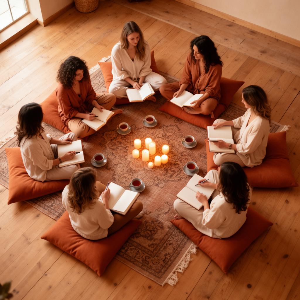 Cirkel van vrouwen rond kaarsen tijdens een workshop